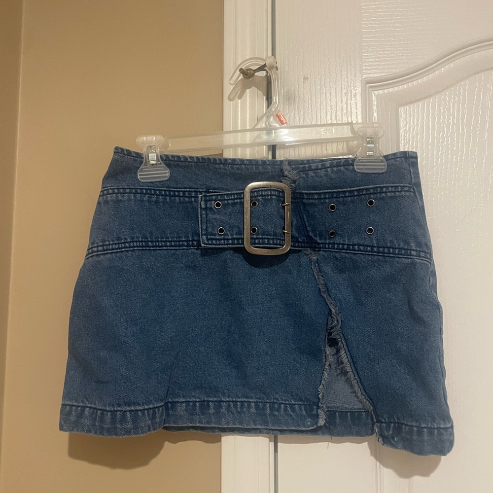 Beginning Boutique Blue Denim Mini Skirt with Buckle